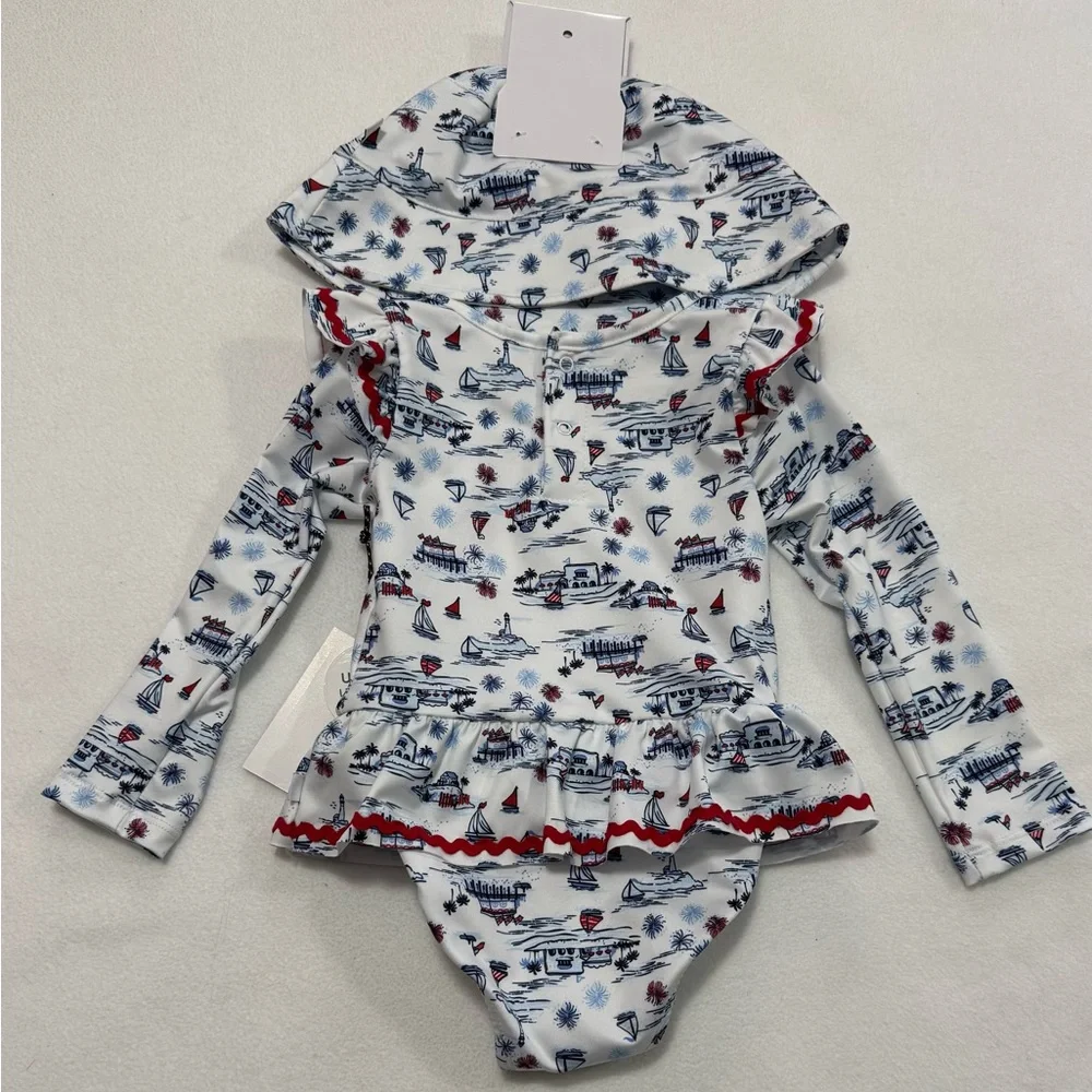 Infant Girl 18M Sperry Nautical One Piece Rashguard & Hat Set - Blue Red - NWT